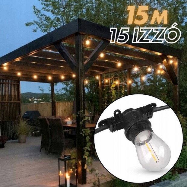 Kerti dekorációs fényfüzér | 15m + 16db LED izzó az árban | Kültéri é