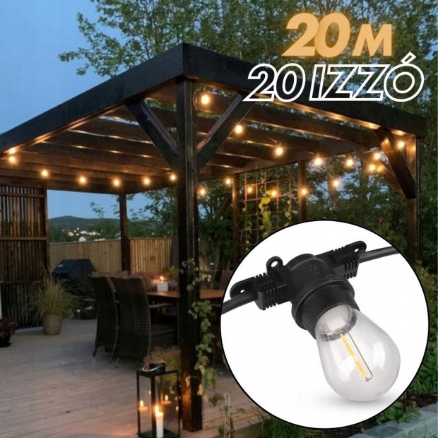 Kerti dekorációs fényfüzér | 20m + 21db LED izzó az árban | Kültéri é