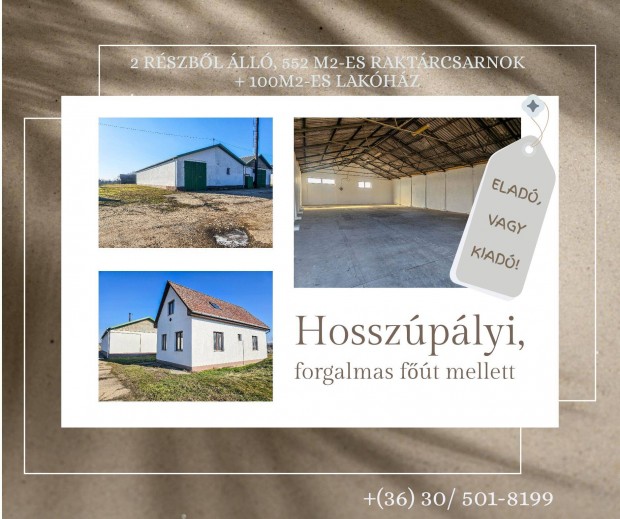 Kiadó felújított, 652 m2-es raktárépület lakóházzal telephelynek