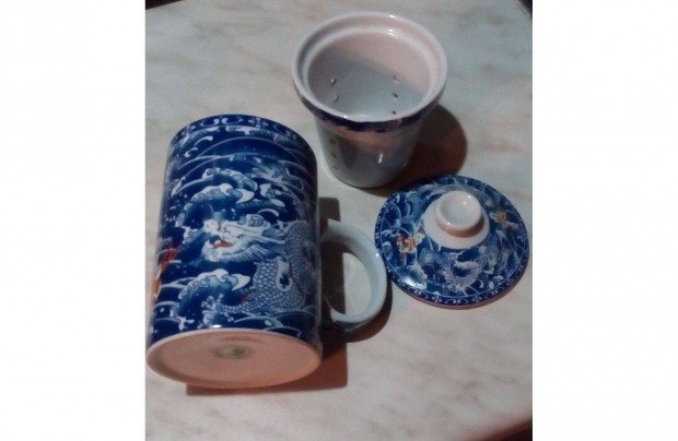 Kínai sárkányos porcelán teás bögre szűrővel és fedővel 2 dl - Új