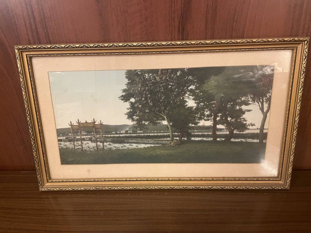 Kínai tájkép, antik arany szelű fa keretben 47*27 cm