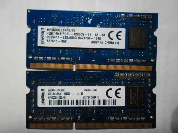 Kingston 8gb. 2x 4gb. DDR3 PC3L-12800s laptop ram pr