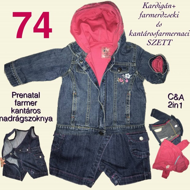 Kislny farmer szett 74; farmer playsuit + C&A farmerkabt 74