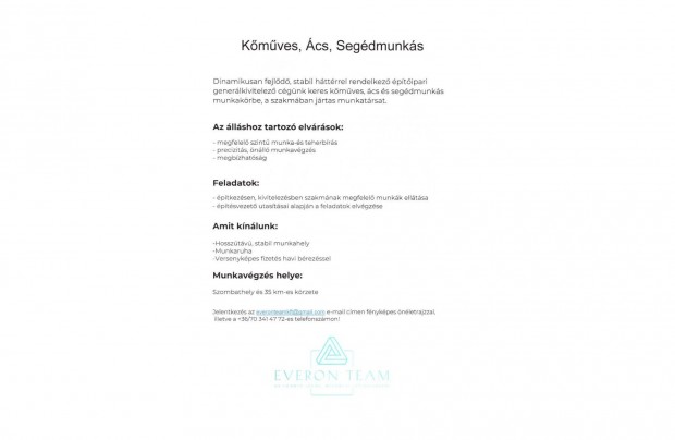 Kőműves, Ács, Segédmunkás Állás