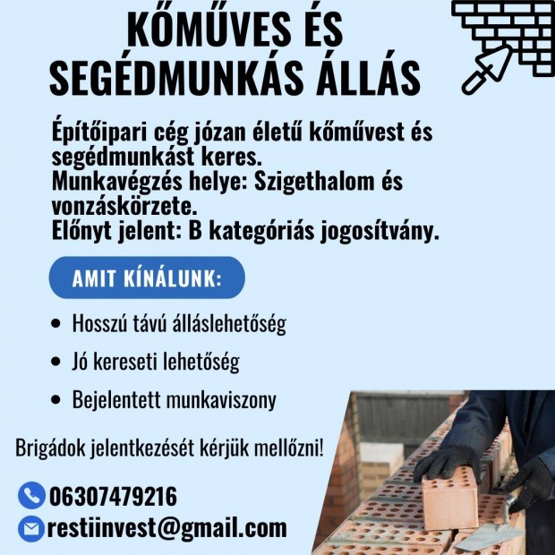 Kőműves és segédmunkás állás