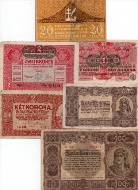 Korona - fillér bankjegy sorozat 20 fillértől 100 koronáig, 1916-1923