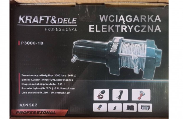 Kraft&Dele KD1562 drótköteles elektromos csörlő 12V 1361kg Garancia!
