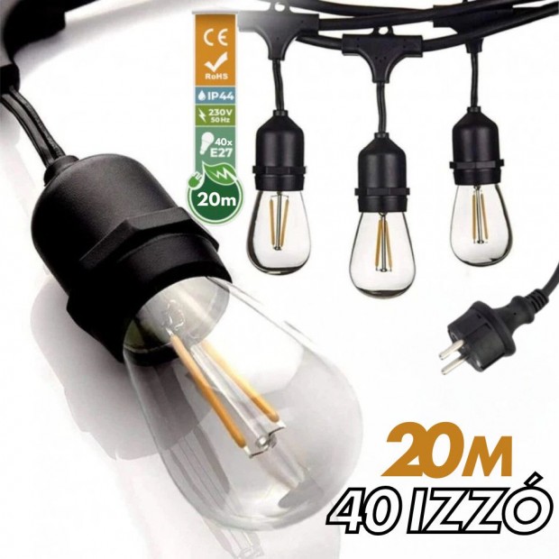 Kültéri fényfüzér kerti égősor girland 20m + 41db 1W LED izzó IP44 E2