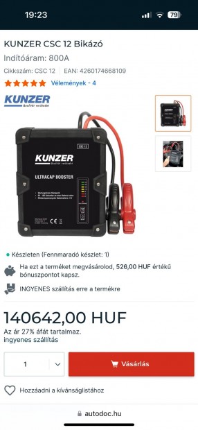 Kunzer csc-12 bikz, 12v gyorsindt