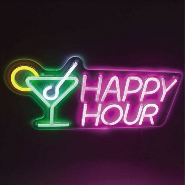 LED Neon lmpa rzsaszn zld fehr &srga "Happy Hour" koktl 43x21cm