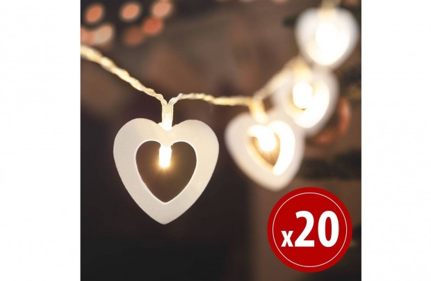 LED fényfüzér Melegfehér - szív - 20 LED - 2,85 m - 2 x AA