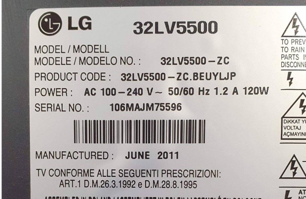 LG 32LV5500 LED LCD tv hibs , nem kapcsol be alkatrsznek