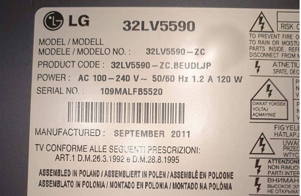 LG 32LV5590 LED LCD tv hibs,nem kapcsol be alkatrsznek