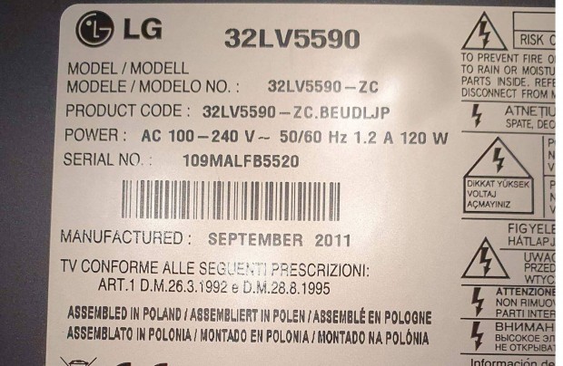 LG 32LV5590 LED LCD tv hibs,nem kapcsol be alkatrsznek