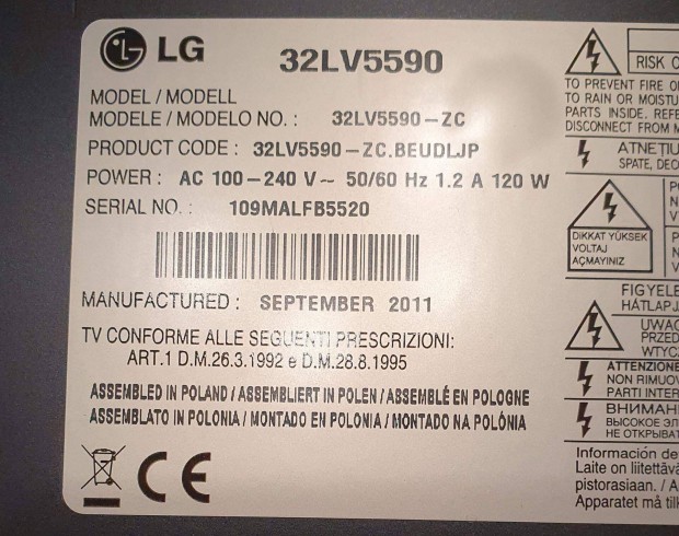 LG 32LV5590 LED LCD tv hibs,nem kapcsol be alkatrsznek