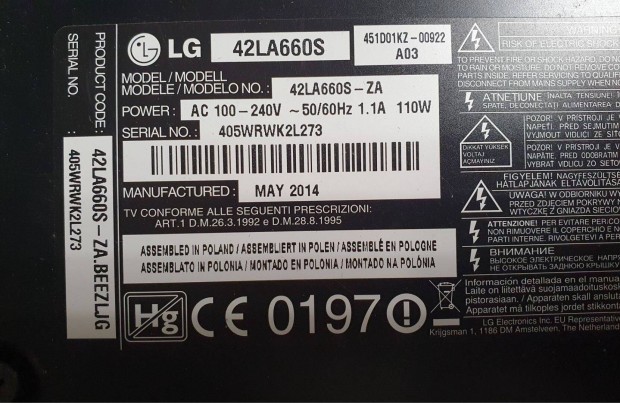 LG 42LA660S LED LCD tv trtt mainbord , mlynyom elkelt!