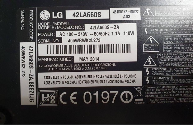 LG 42LA660S LED LCD tv törött mainbord , mélynyomó elkelt!