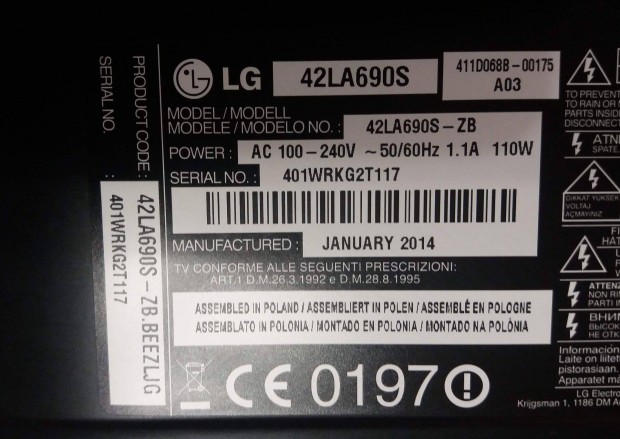 LG 42LA690S LED LCD tv komplett httr vilgts tp+main elkelt!