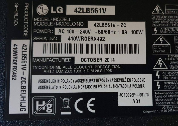 LG 42LB561V LED LCD tv hibás törött alkatrésznek EAX65388006(1.0)