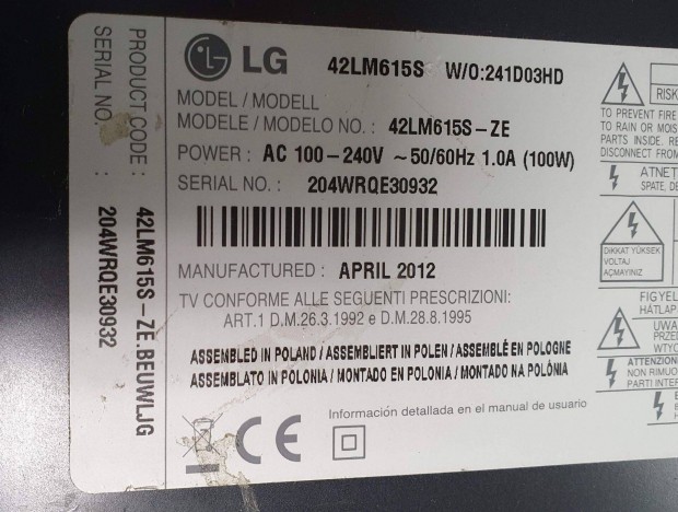 LG 42LM615S LED LCD tv hibs trtt alkatrsznek mainboard elkelt!