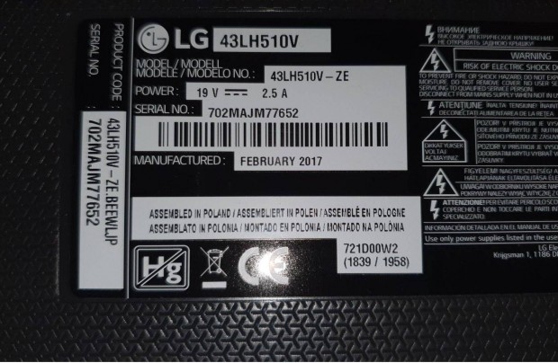 LG 43LH510V LED LCD tv hibs trtt alkatrsznek Mainboard elkelt!