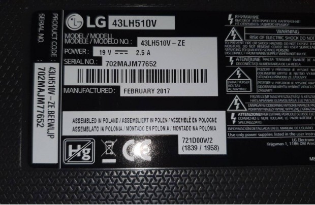 LG 43LH510V LED LCD tv hibs trtt alkatrsznek Mainboard elkelt!