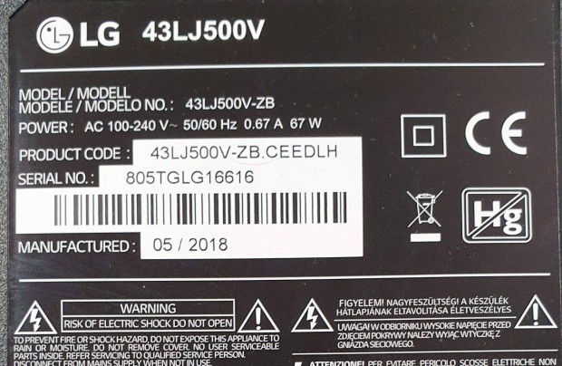 LG 43LJ500V LED LCD tv hibs trtt alkatrsznek