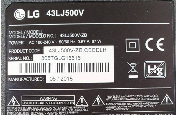 LG 43LJ500V LED LCD tv hibs trtt alkatrsznek