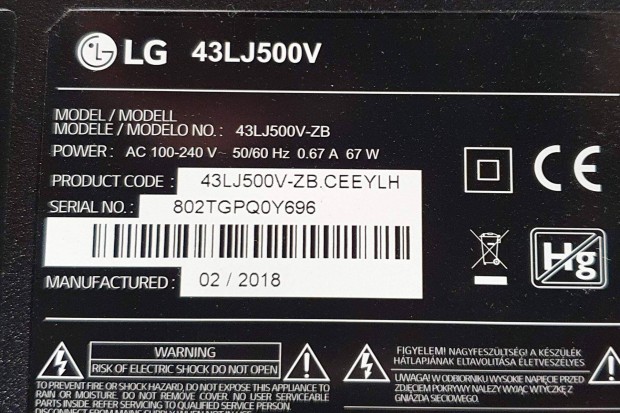 LG 43LJ500V LED LCD tv panelek alkatrsznek Main elkelt! 6870C-0532A