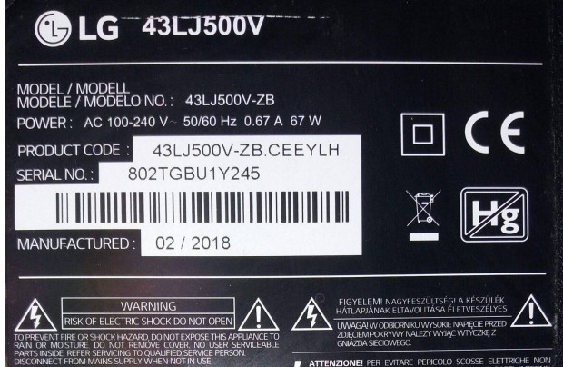 LG 43LJ500V LED LCD tv panelek alkatrsznek httr main elkelt!
