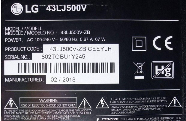 LG 43LJ500V LED LCD tv panelek alkatrsznek httr main elkelt!