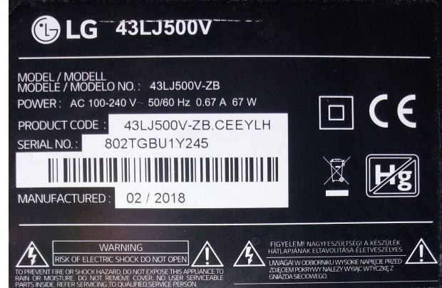 LG 43LJ500V LED tv panelek, httr,main elkelt! 6870C-0532A