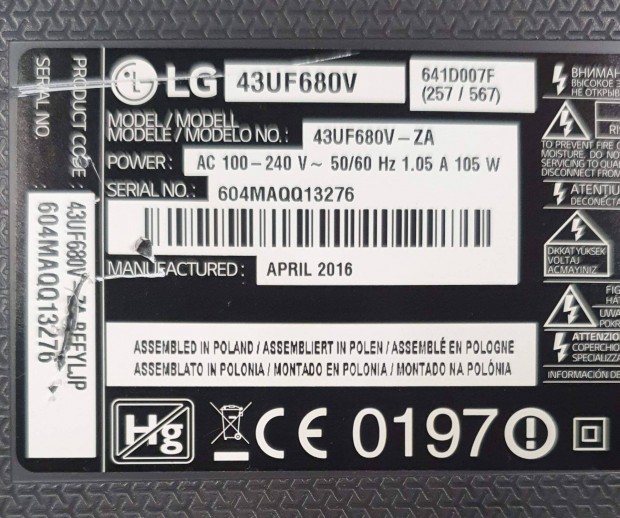 LG 43UF680V LED LCD tv hibás törött alkatrésznek main ,tcon elkelt