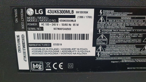 LG 43UK6300MLB LED LCD tv hibs trtt alkatrsznek