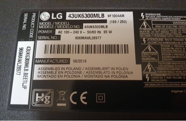 LG 43UK6300MLB LED LCD tv hibás törött alkatrésznek, mainboard elkelt