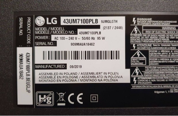 LG 43UM7100PLB LED tv zrlatos kijelz,nem trtt! Csak kijelz+httr