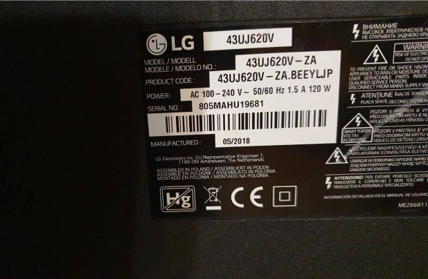 LG 43Uj620V LED tv hibs trtt alkatrsznek LJ7 mainboard elkelt!