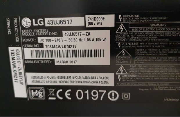 LG 43Uj6517 LED tv panelek LJ7 hibs? Lgp-430D-17U2 tp ok!