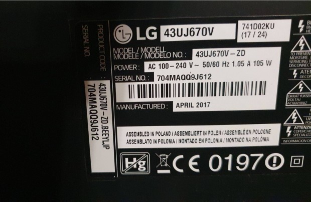 LG 43Uj670V 4K UHD LED tv hibs trtt alkatrsznek LJ7 0724