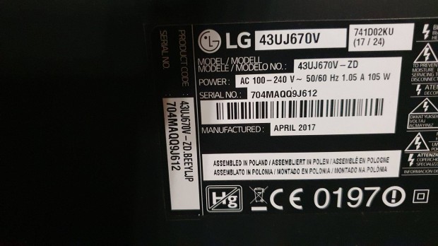 LG 43Uj670V 4K UHD LED tv hibs trtt alkatrsznek mainboard elkelt!