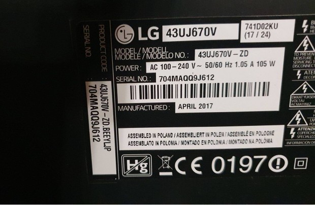 LG 43Uj670V 4K UHD LED tv hibás törött alkatrésznek mainboard elkelt!