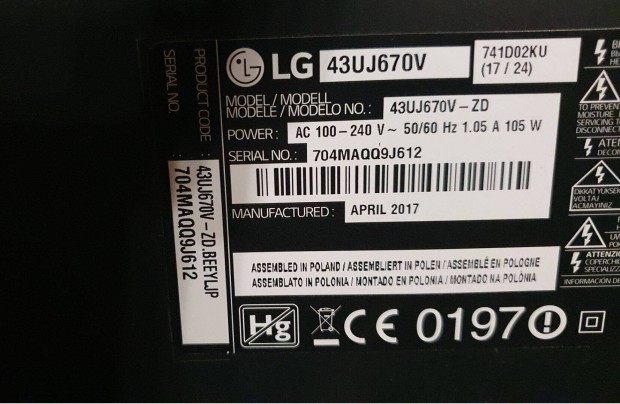 LG 43Uj670V 4K UHD LED tv hibs trtt alkatrsznek mainboard elkelt!