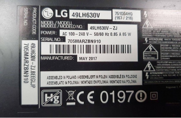 LG 49LH630V LED LCD tv hibs trtt alkatrsznek 08.06