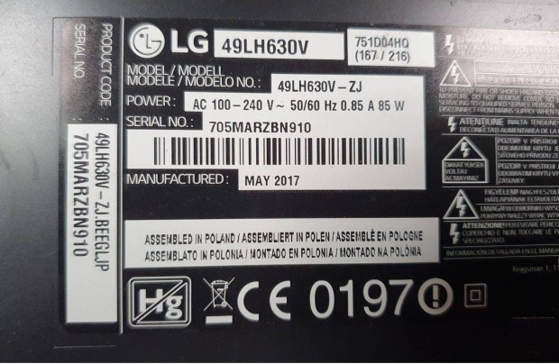 LG 49LH630V LED LCD tv hibs trtt alkatrsznek