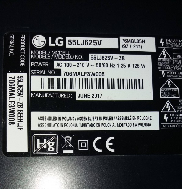 LG 55LJ625V LED LCD tv hibs trtt alkatrsznek