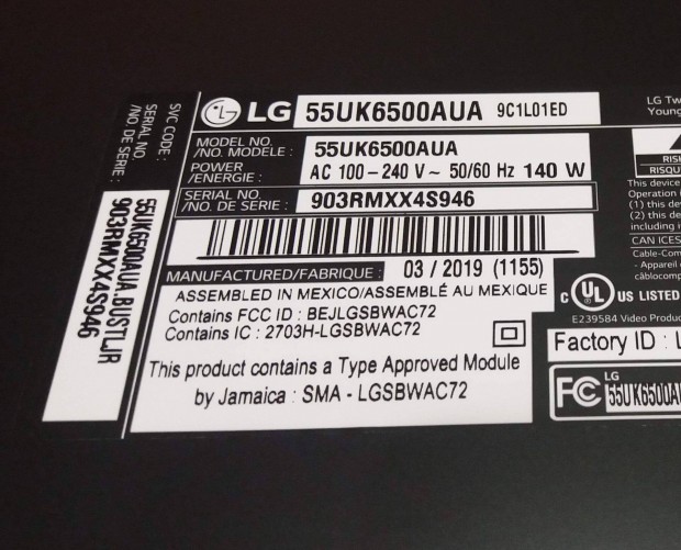 LG 55UK6500AUA LED LCD tv hibs trtt alkatrsznek 55UK6500 main ninc
