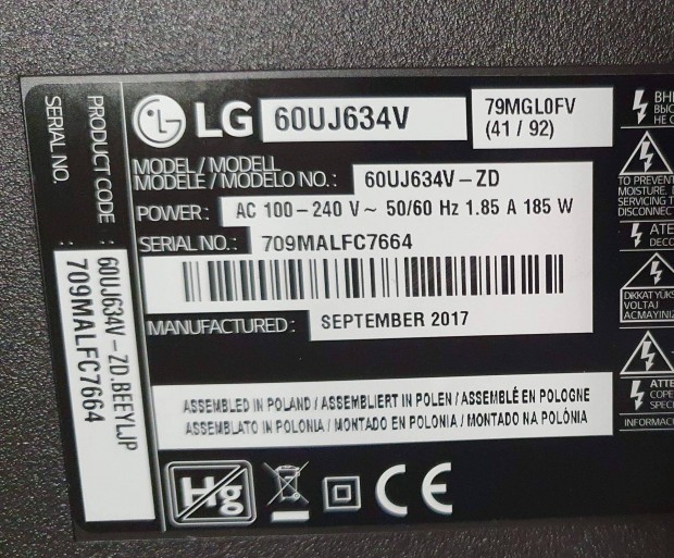 LG 60Uj634V LED LCD UHD tv hibs trtt alkatrsznek