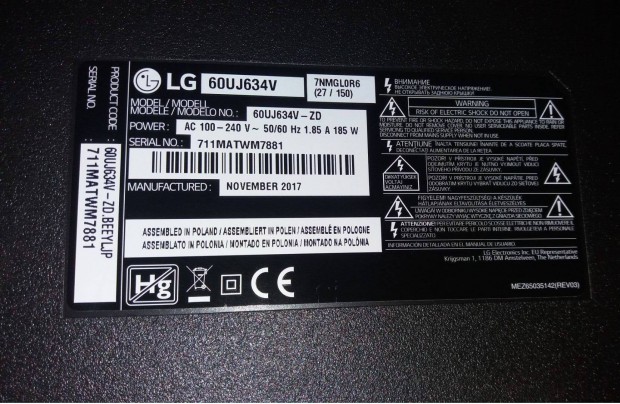 LG 60Uj634V UHD LED tv main board LJ7 ,Tcon 6870C-0744A