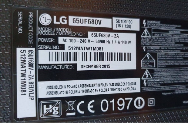 LG 65UF680V LED LCD tv hibs trtt alkatrsznek