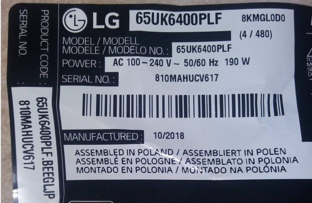 LG 65UK6400PLf LED LCD trtt tv bl tpegysg panel alkatrsznek